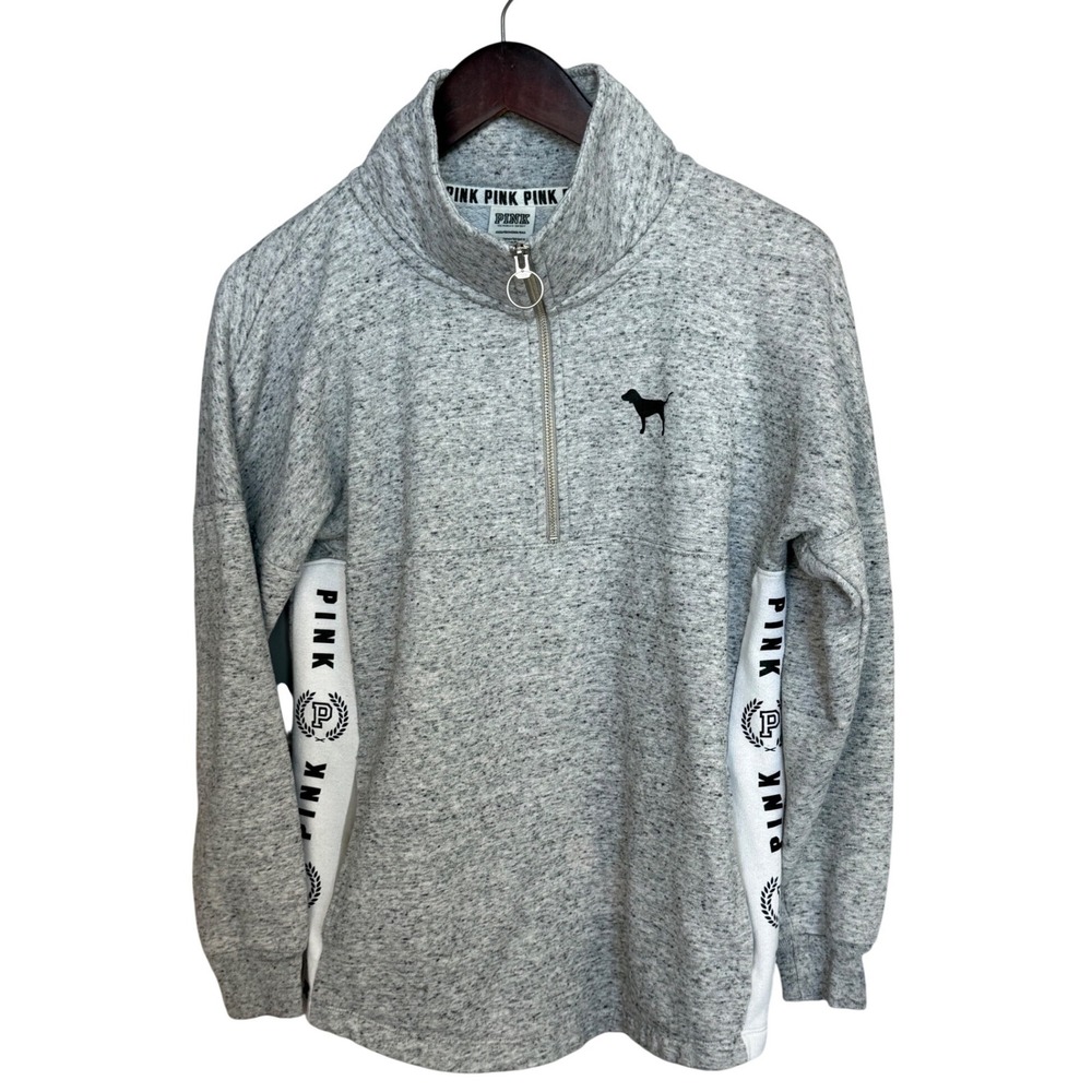 Victoria's Secret PINK Gray Quarter Zip‎ Pullover Sweatshirt Logo Tape XS